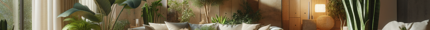 sunny minimalist room with eco-friendly products, wood accents, and green plants throughout