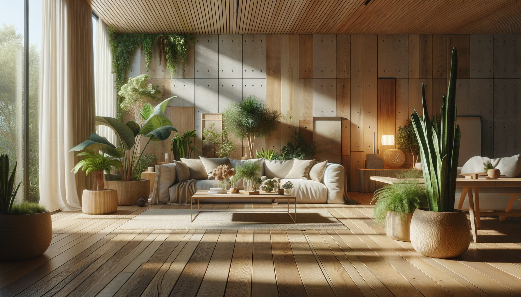 sunny minimalist room with eco-friendly products, wood accents, and green plants throughout