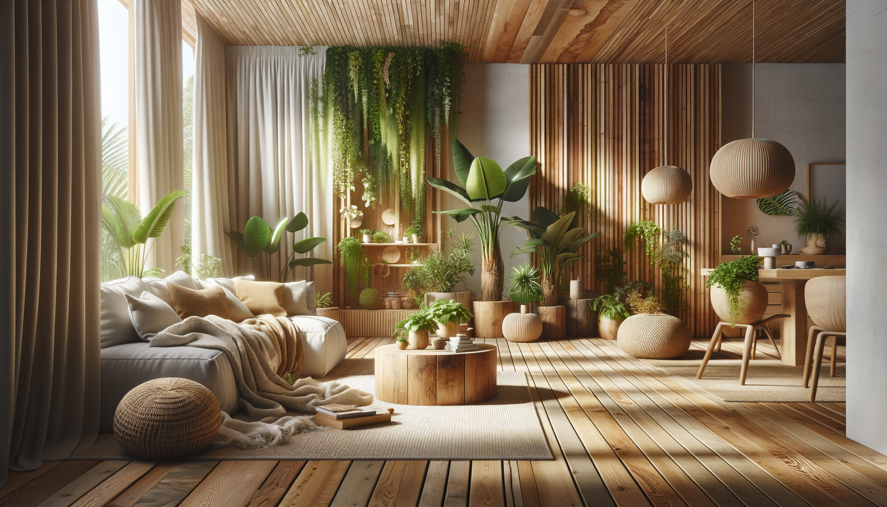 bright modern room with eco-friendly products, natural textures, plants, and warm sunlight