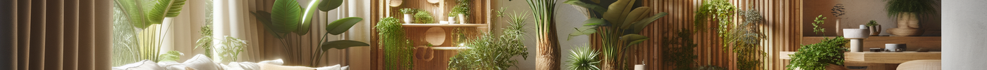 bright modern room with eco-friendly products, natural textures, plants, and warm sunlight