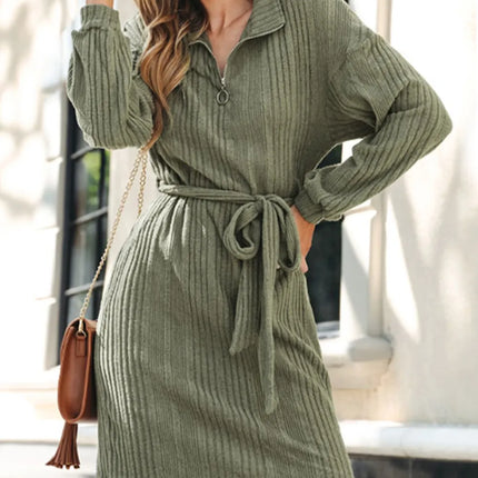 Collar zipper long sleeved dress fashionable green lace up dress