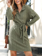 Collar zipper long sleeved dress fashionable green lace up dress
