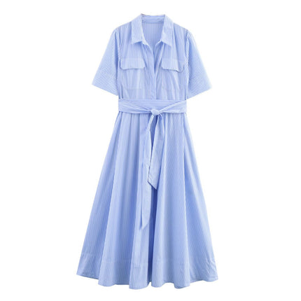 Women's clothing with European and American style pockets lace up shirts striped dresses