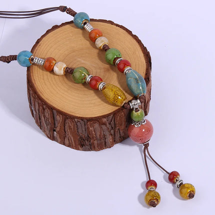 Vintage Ceramic Adjustable Necklace Long Ethnic Style Women's Sweater Chain Cotton Linen Clothing Accessories Pendants Jewelry