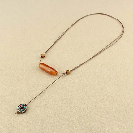 Ethnic style agate long sweater chain exotic style simple women's adjustable necklace cotton and linen clothing accessories give