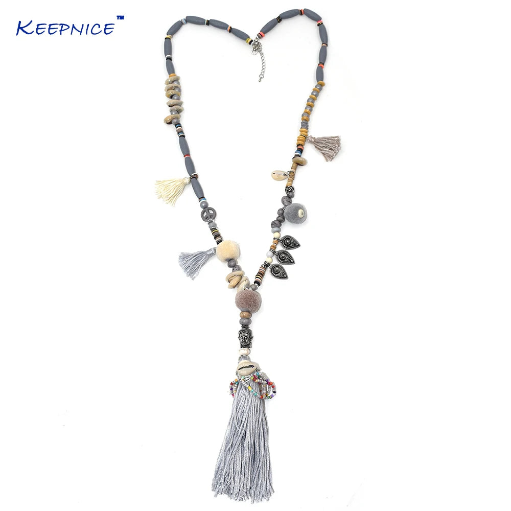 New Clothing accessories Bohemian ethnic beaded chains tassel Necklace colorful Pompoms long fringe Buddha Pendants Necklace