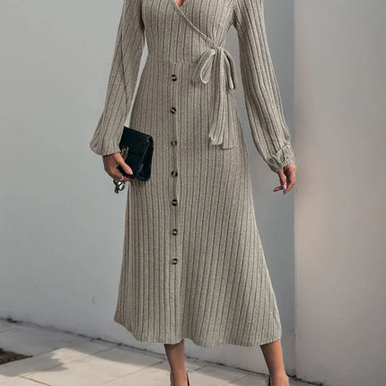 V-neck solid color button tied A-list knitted dress