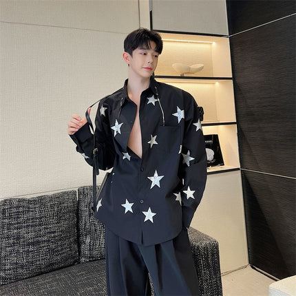 Sky Star Printing Trend Caution Machine Shirt Neckline Metal Pendant Top Men