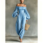 Style Off-Shoulder Lantern Sleeve Pleated Loose Jumpsuit for Women