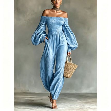 Style Off-Shoulder Lantern Sleeve Pleated Loose Jumpsuit for Women