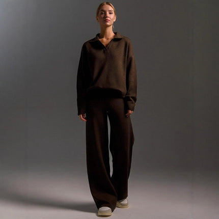 Knitted Sweater Straight Wide Leg Pants Two-Piece Set High Neck