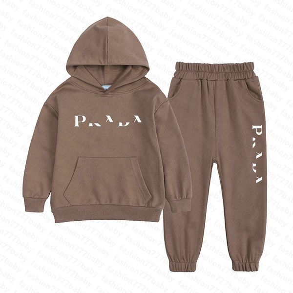 Color: Brown - Size: 110 - NEW 2-13years children's Clothing hoodie Sets BABY boys girls cotton Garment kids Designer printing Outdoor sports suit sweater pants 2 PC Set