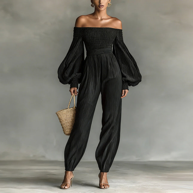 Style Off-Shoulder Lantern Sleeve Pleated Loose Jumpsuit for Women