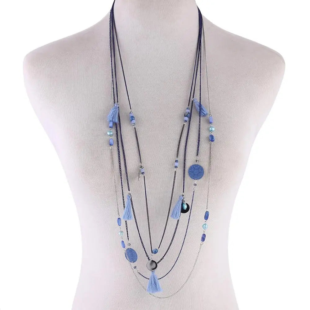 Handmade Shell Beads Long Necklace Copper Sheet Cotton Thread Tassel Multilayer Chain Necklaces Jewelry For Women Accessories