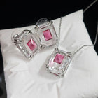 Color: Pink - Luxury rectangle geometry pink crystal designer earrings necklace for women charm elegant womens girls bling diamond big stone earring ear rings necklaces jewelry