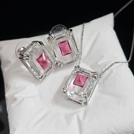 Color: Pink - Luxury rectangle geometry pink crystal designer earrings necklace for women charm elegant womens girls bling diamond big stone earring ear rings necklaces jewelry