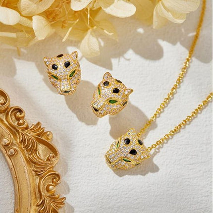 Color: As Picture - Designer Collection Fashion Style Earrings Necklace Inlay Full Cubic Zircon Diamond Black Enamel Spots Leopard Panther Party Jewelry Sets