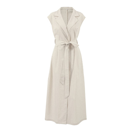 Cotton and linen dress women's khaki lace up shirt dress long skirt ﻿