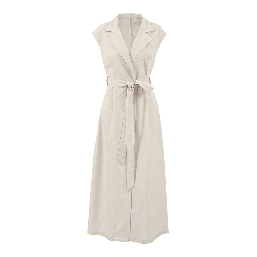 Cotton and linen dress women's khaki lace up shirt dress long skirt ﻿