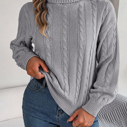 Cable-Knit Turtleneck Dropped Shoulder Sweater