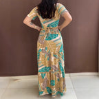 Hot Sale New Arrival -- In Stock Deep Yellow Full Plant Holiday Print Short Sleeve Waist Tie Belted Long Dress