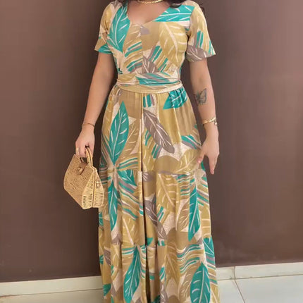 Hot Sale New Arrival -- In Stock Deep Yellow Full Plant Holiday Print Short Sleeve Waist Tie Belted Long Dress