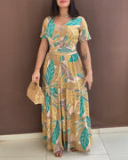 Hot Sale New Arrival -- In Stock Deep Yellow Full Plant Holiday Print Short Sleeve Waist Tie Belted Long Dress