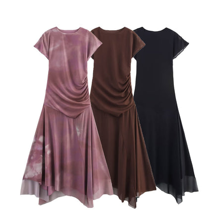Stand up collar sleeveless asymmetrical pleated dress for women