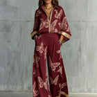 Style Women's Retro Printed Sexy Deep V Neck Loose Zipper Top with Wide Leg Pants Two-Piece Set