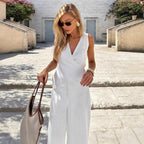 White cotton and linen vest set women's cardigan wide leg pants two-piece set