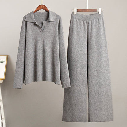 Knitted Sweater Straight Wide Leg Pants Two-Piece Set High Neck