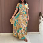 Hot Sale New Arrival -- In Stock Deep Yellow Full Plant Holiday Print Short Sleeve Waist Tie Belted Long Dress