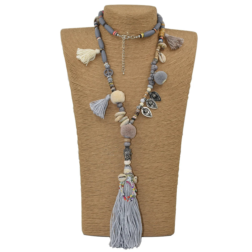 New Clothing accessories Bohemian ethnic beaded chains tassel Necklace colorful Pompoms long fringe Buddha Pendants Necklace