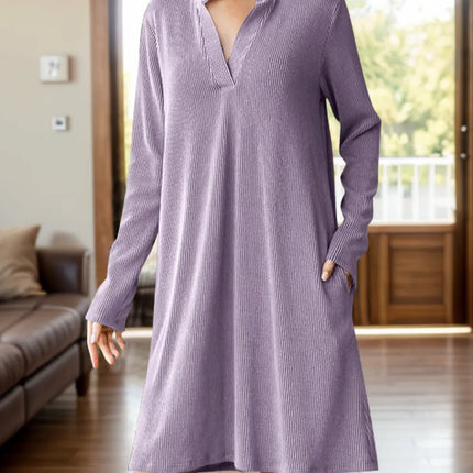 Notched Long Sleeve Mini Dress with Pockets