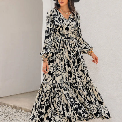 Smocked Printed Tie Neck Long Sleeve Dress