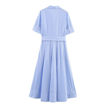 Women's clothing with European and American style pockets lace up shirts striped dresses