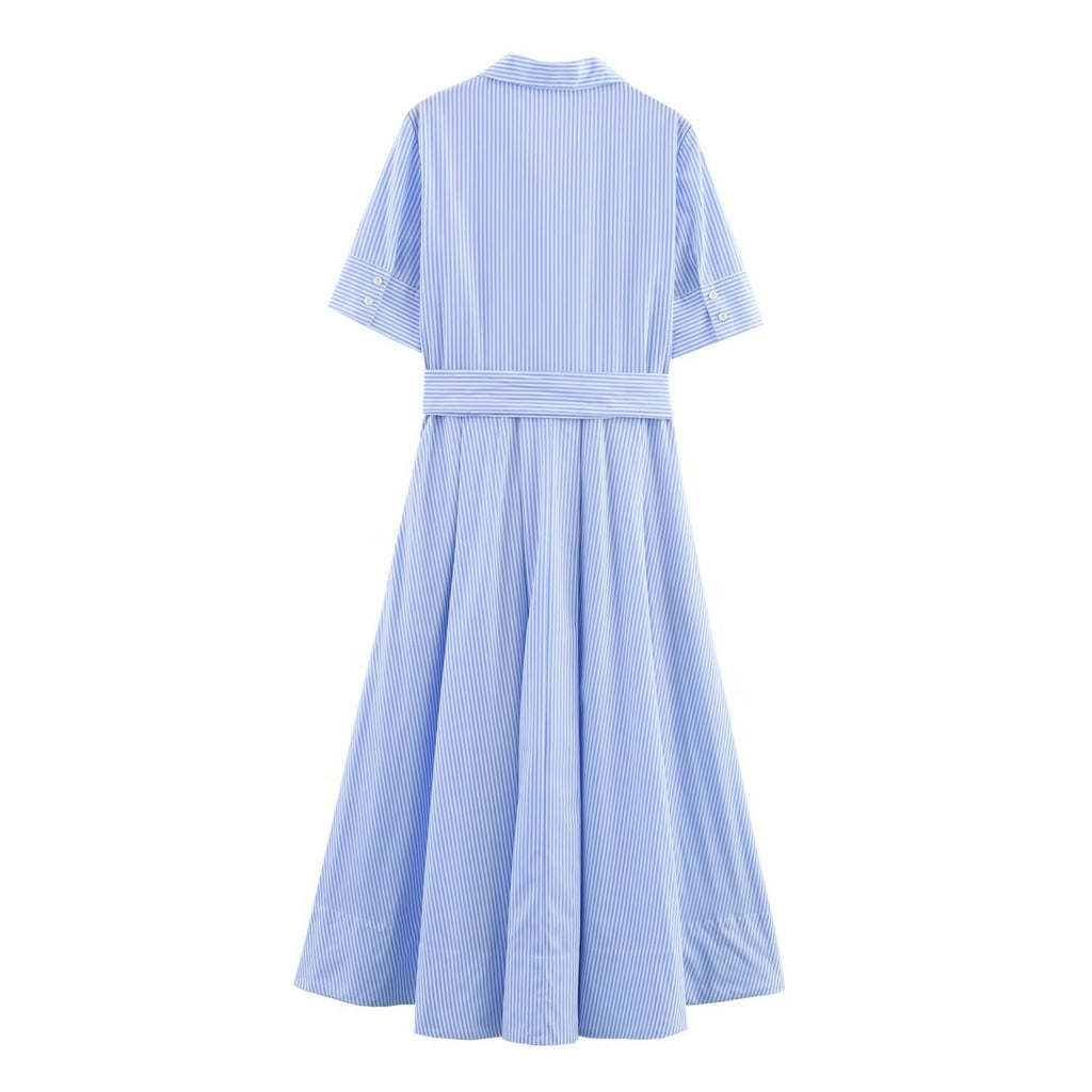 Women's clothing with European and American style pockets lace up shirts striped dresses