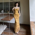 Yellow butterfly print step by step lotus suspender long dress