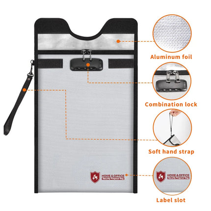 1pc Fireproof Waterproof Document Bag With Zipper Combination Lock Phones Laptops Anti-Theft Emf Protection Portable Faraday Bag