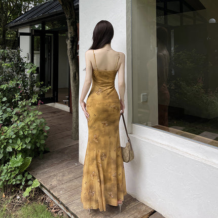 Yellow butterfly print step by step lotus suspender long dress