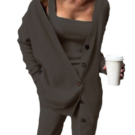 Solid color knitted jacket three piece set