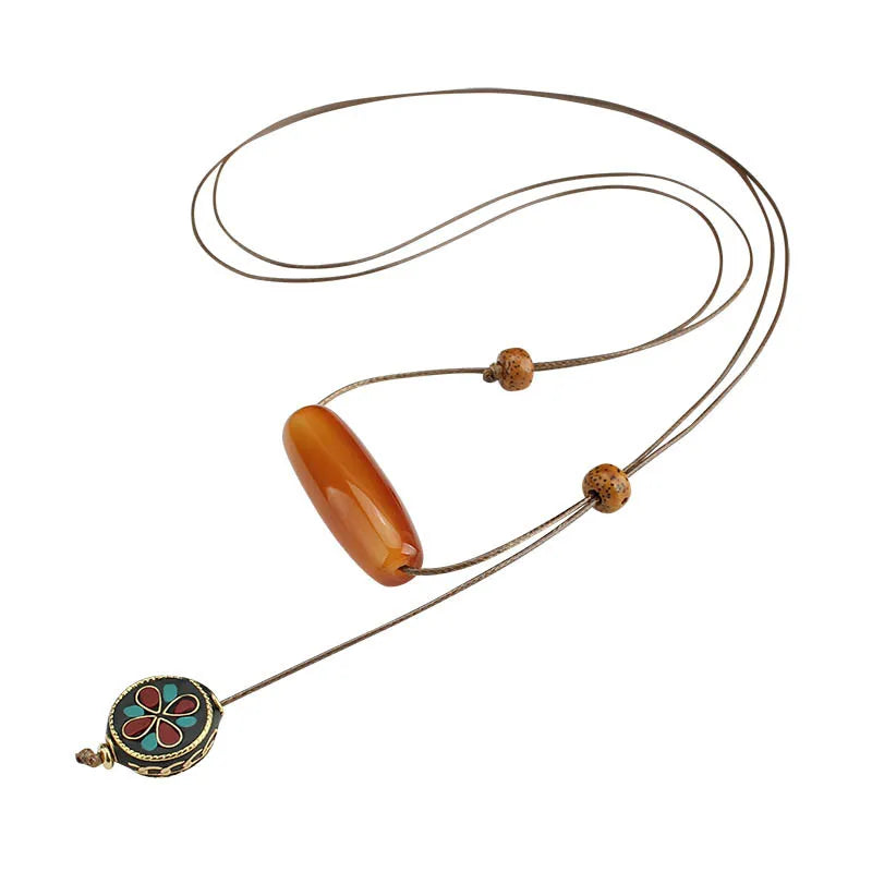 Ethnic style agate long sweater chain exotic style simple women's adjustable necklace cotton and linen clothing accessories give