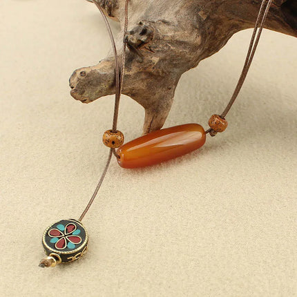 Ethnic style agate long sweater chain exotic style simple women's adjustable necklace cotton and linen clothing accessories give