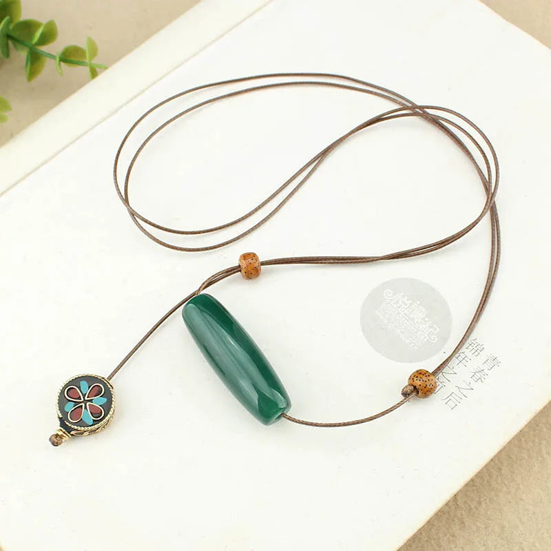 Ethnic style agate long sweater chain exotic style simple women's adjustable necklace cotton and linen clothing accessories give