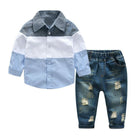 Color: A1 - Size: 6 - Spring Autumn Casual Boys childrens Clothes Sets Cotton Striped Shirts + Ripped Jeans Pants 2Pcs/set Gentleman Kids clothing Clothes