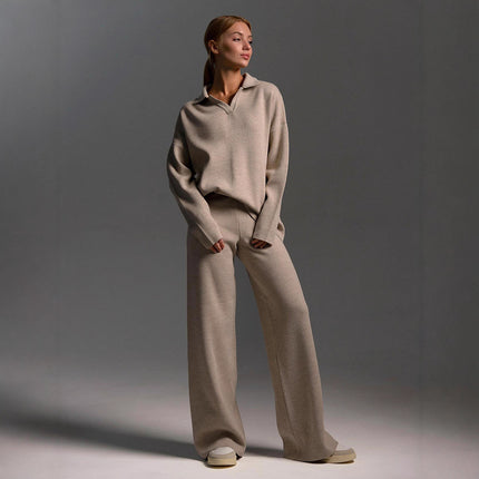 Knitted Sweater Straight Wide Leg Pants Two-Piece Set High Neck