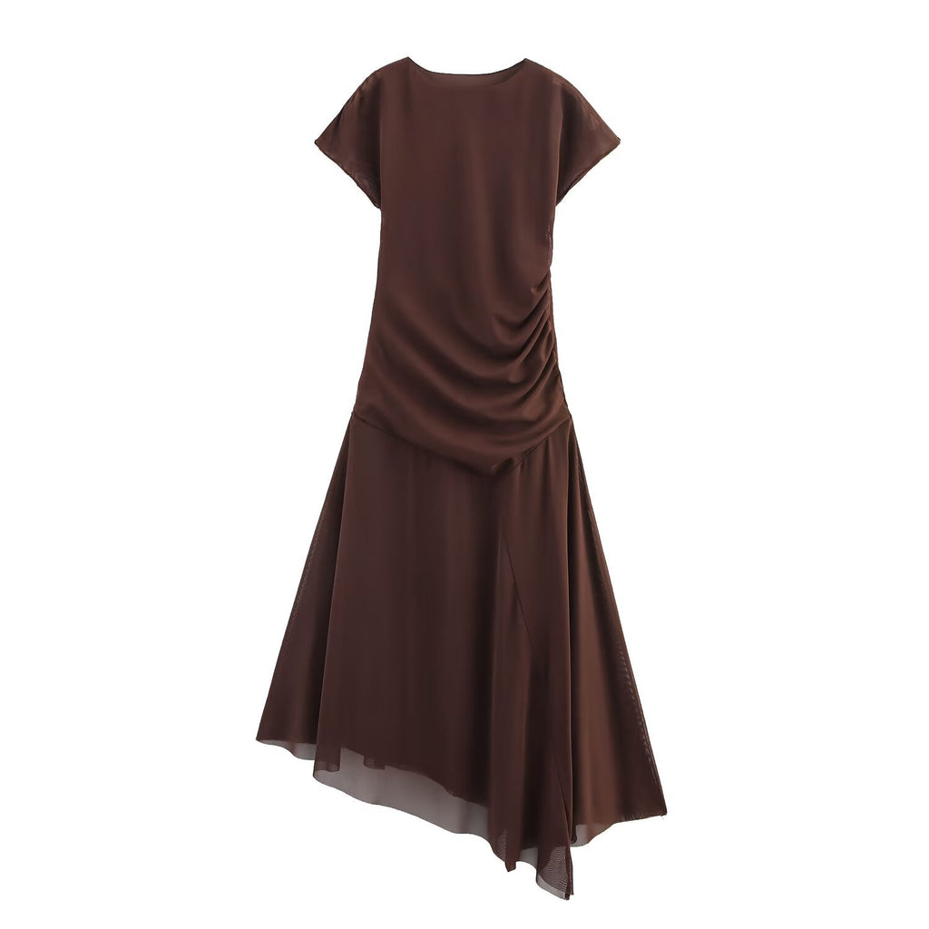 Stand up collar sleeveless asymmetrical pleated dress for women