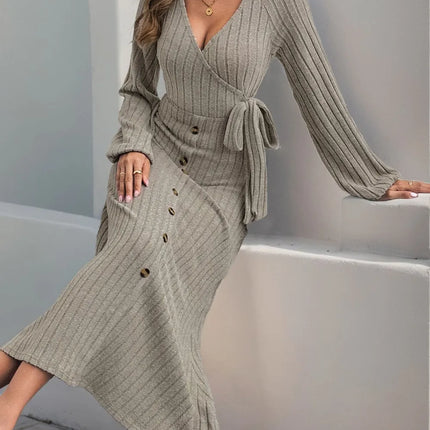 V-neck solid color button tied A-list knitted dress