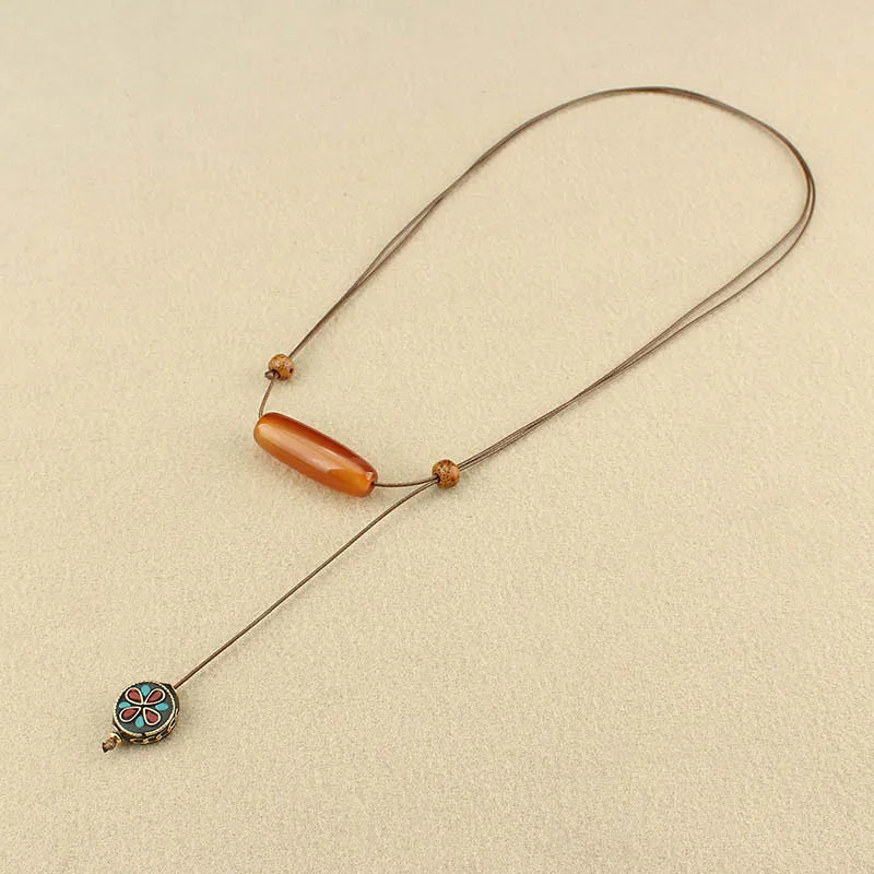 Ethnic style agate long sweater chain exotic style simple women's adjustable necklace cotton and linen clothing accessories give
