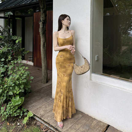 Yellow butterfly print step by step lotus suspender long dress